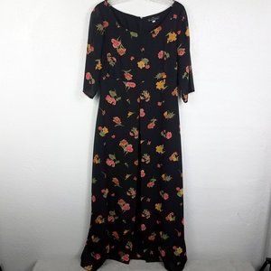 Kaleidos Women's Split Front Zip Back Lined Black Silk Blend Floral Maxi Dress